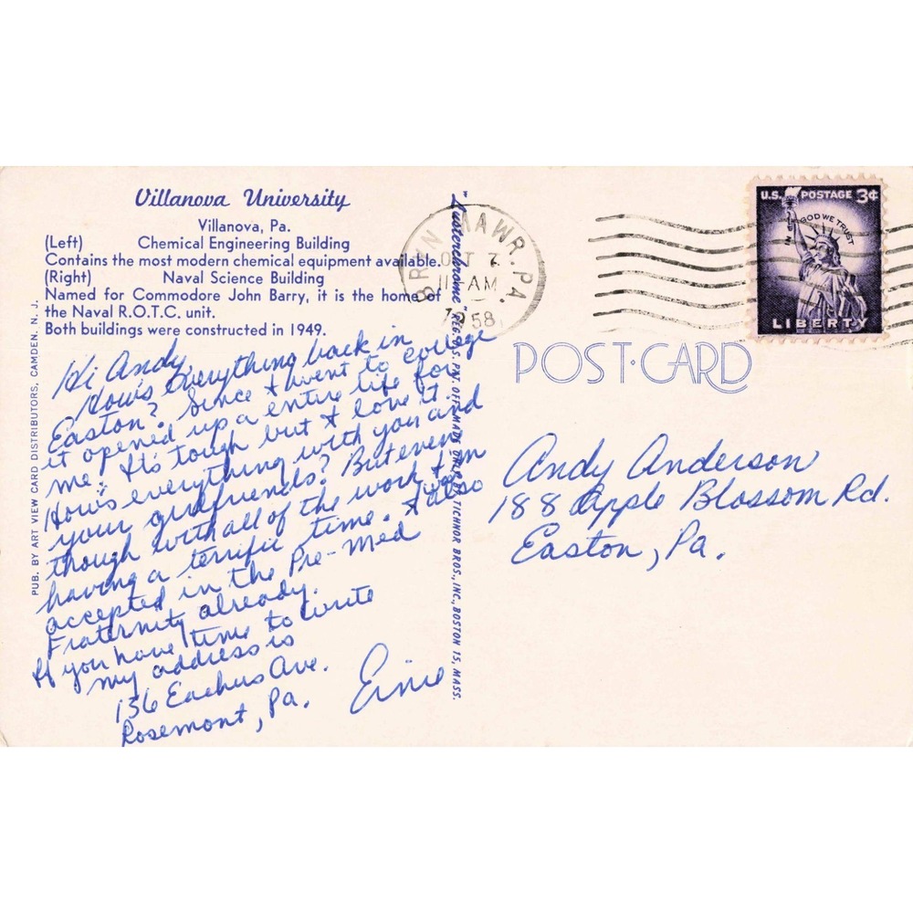 Vintage 1958 Villanova University Chemical Engineering Naval Science Postcard - Picture 2 of 2